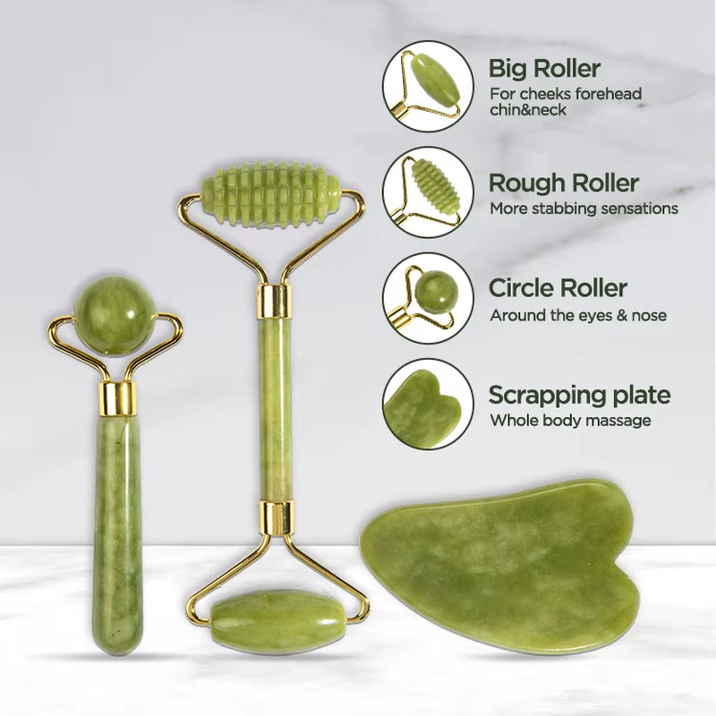 Private Label Natural Nephrite Custom Facial Green Jade Skin Face Stone Ball Roller and Gua Sha Massager with Box for Sale
